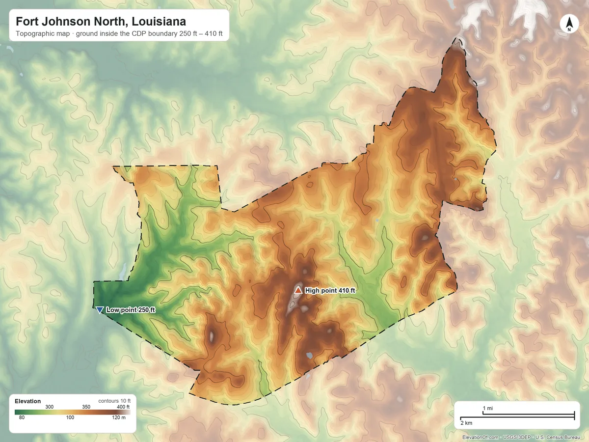 Topographic elevation map of Fort Johnson North, Louisiana, shaded from 250 ft on the southwest side to 410 ft on the southeast side