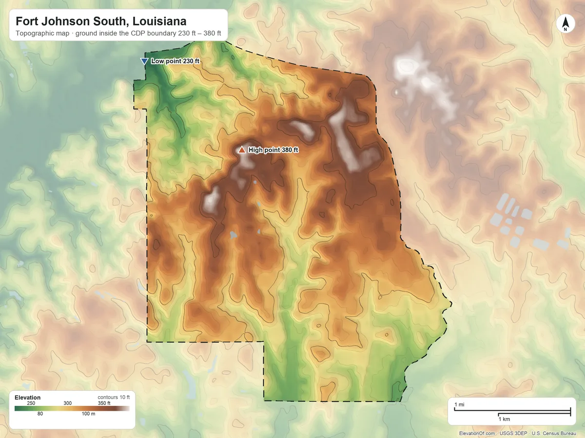 Topographic elevation map of Fort Johnson South, Louisiana, shaded from 230 ft on the northwest side to 380 ft on the north side