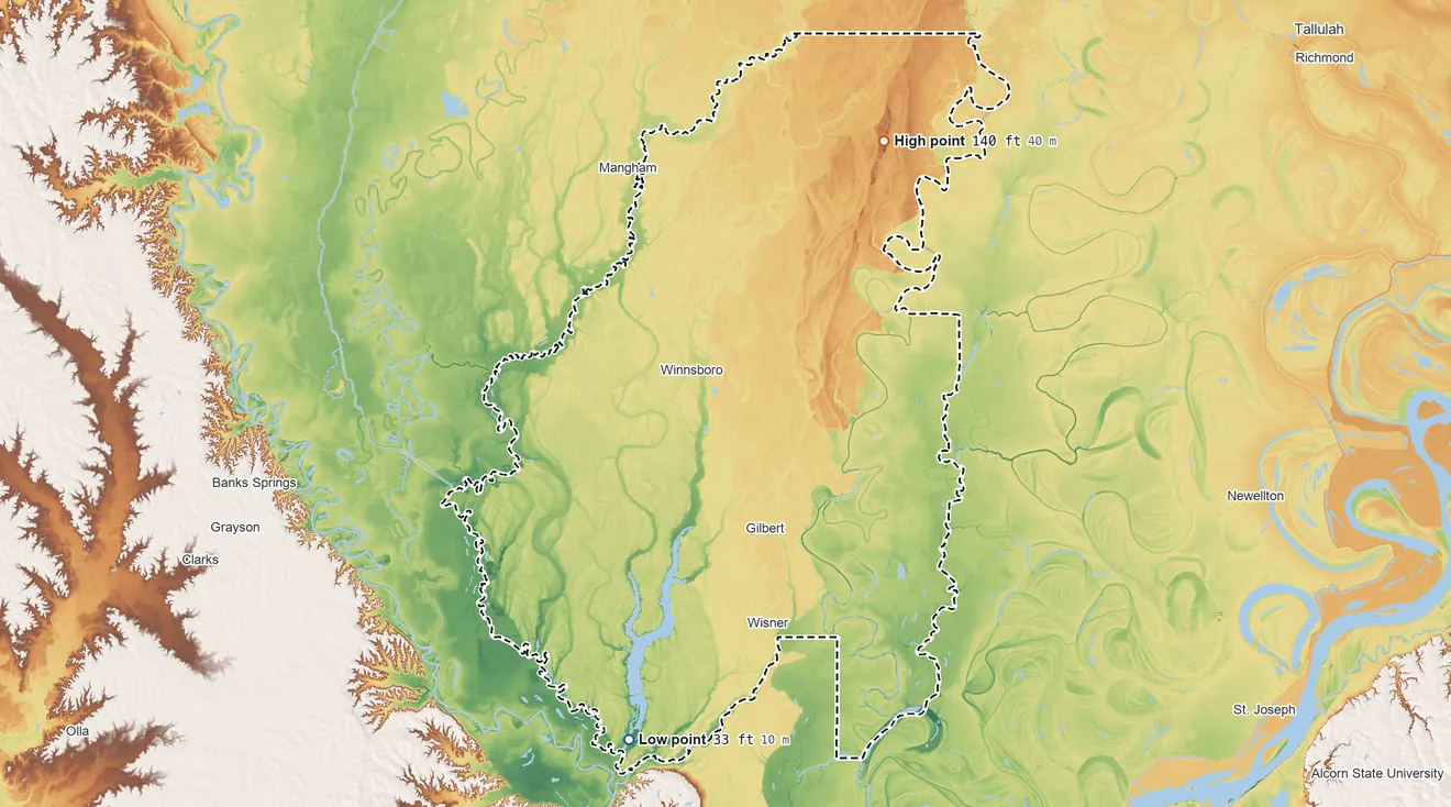 Topographic elevation map of Franklin Parish, Louisiana, shaded from 33 ft on the south side to 140 ft on the northeast side