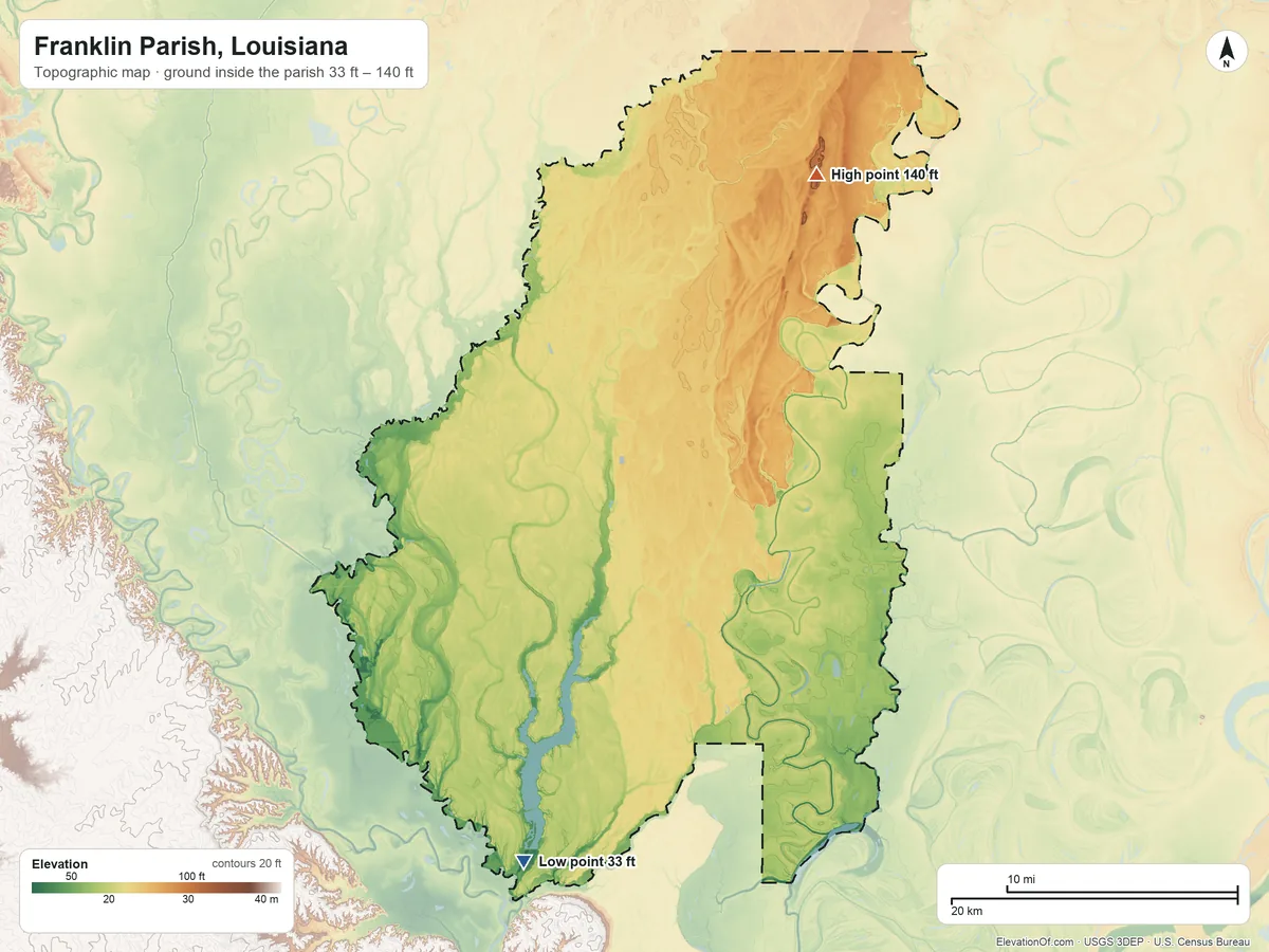 Topographic elevation map of Franklin Parish, Louisiana, shaded from 33 ft on the south side to 140 ft on the northeast side
