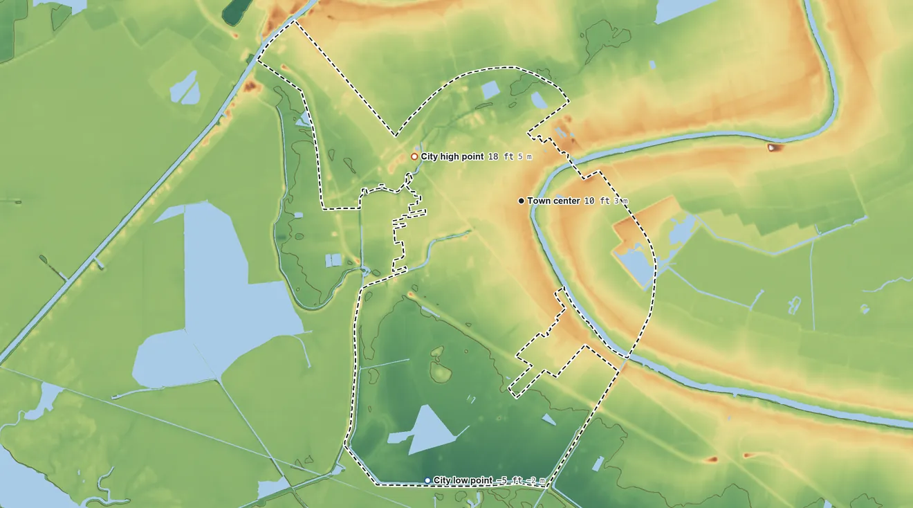 Topographic elevation map of Franklin, Louisiana, shaded from −5 ft on the south side to 18 ft on the northwest side