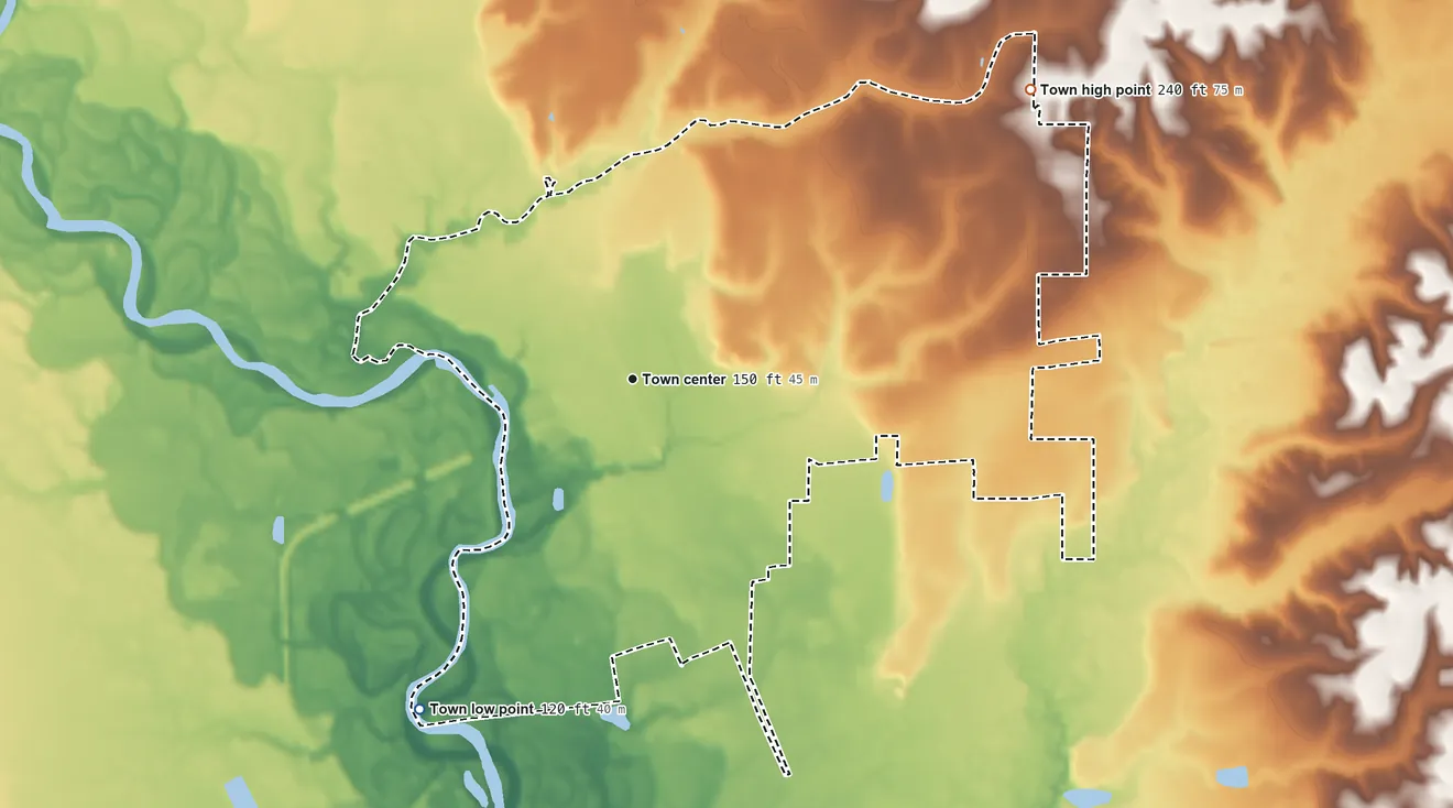 Topographic elevation map of Franklinton, Louisiana, shaded from 120 ft on the southwest side to 240 ft on the northeast side