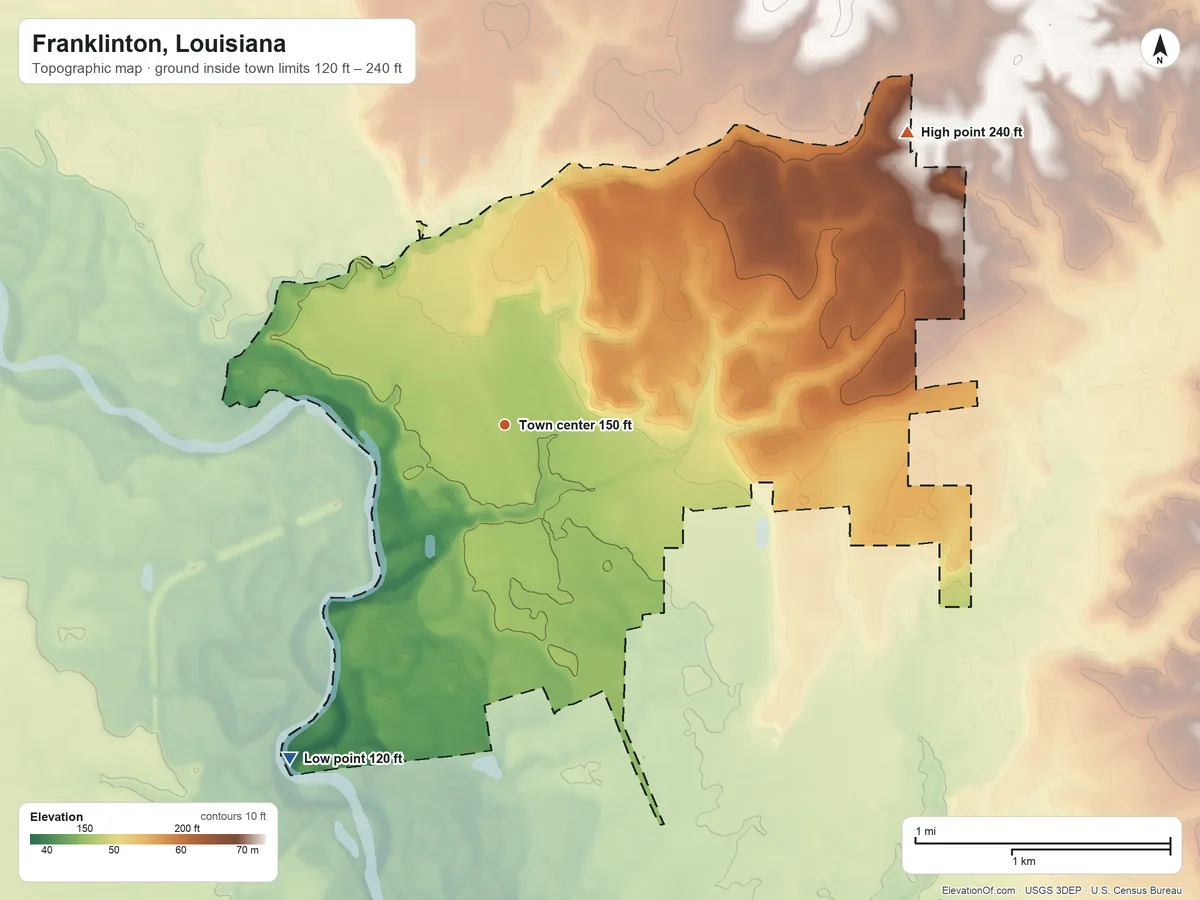 Topographic elevation map of Franklinton, Louisiana, shaded from 120 ft on the southwest side to 240 ft on the northeast side