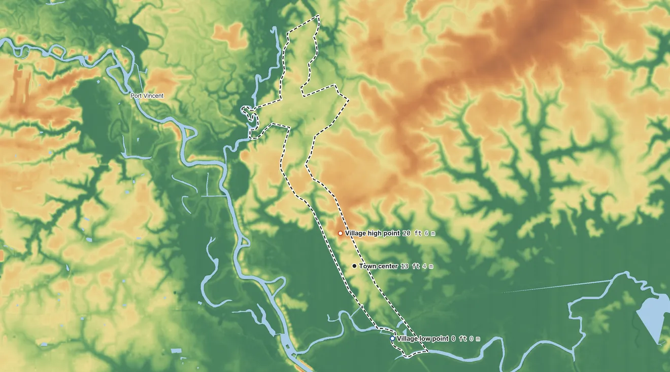 Topographic elevation map of French Settlement, Louisiana, shaded from 0 ft on the southeast side to 20 ft near the middle