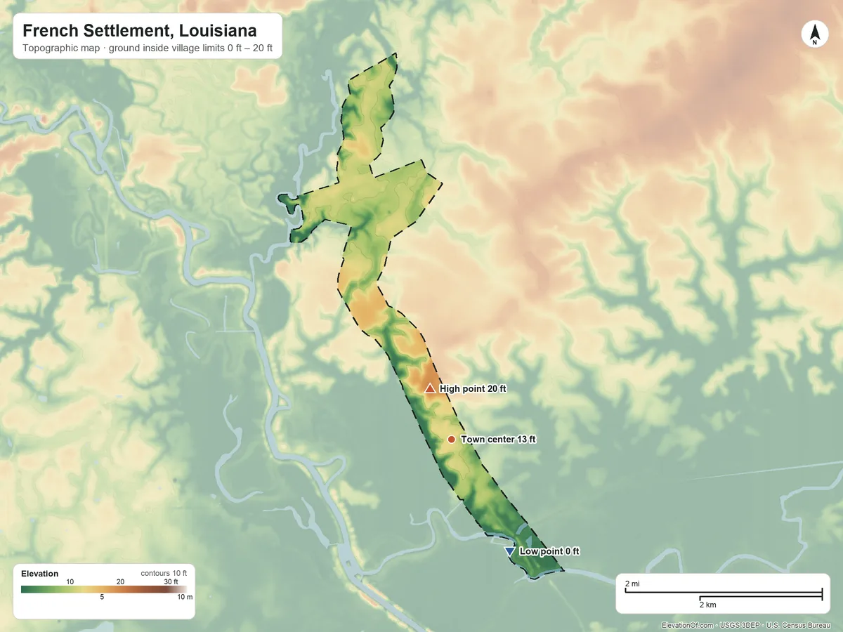 Topographic elevation map of French Settlement, Louisiana, shaded from 0 ft on the southeast side to 20 ft near the middle