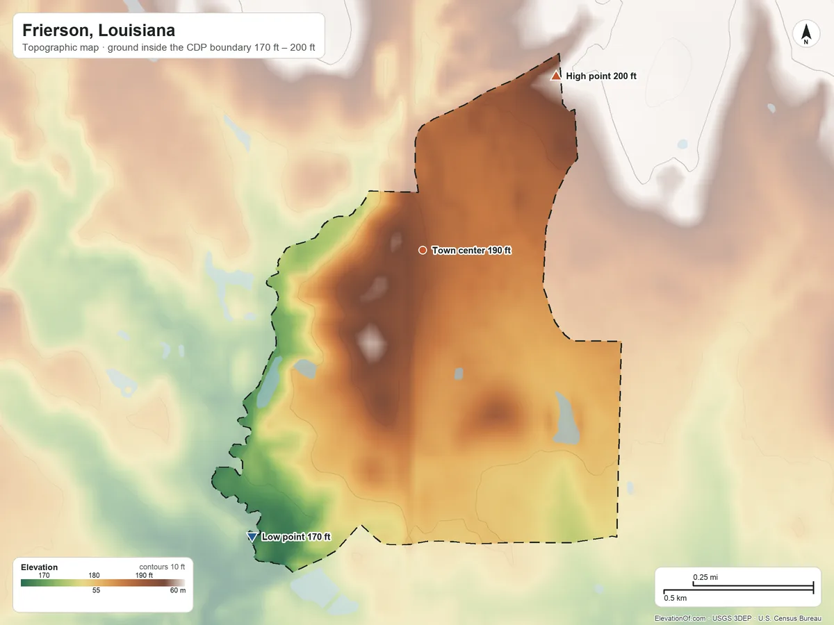 Topographic elevation map of Frierson, Louisiana, shaded from 170 ft on the southwest side to 200 ft on the northeast side