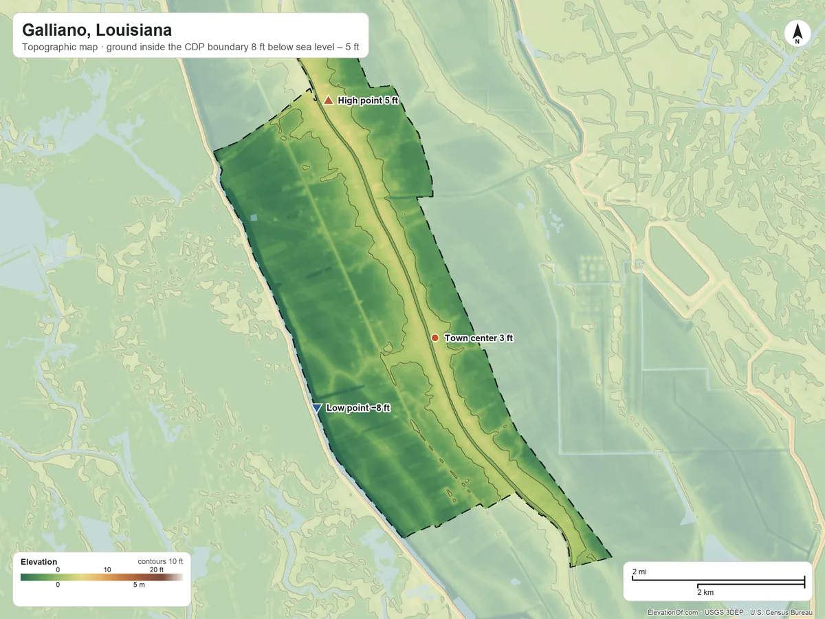 Topographic elevation map of Galliano, Louisiana, shaded from −8 ft on the southwest side to 5 ft on the northwest side