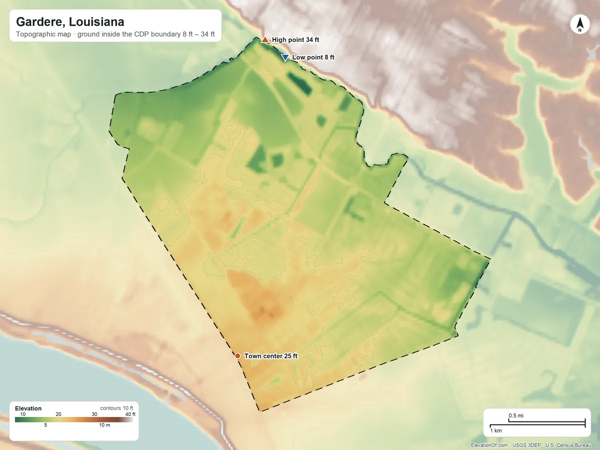 Topographic elevation map of Gardere, Louisiana, shaded from 8 ft on the north side to 34 ft on the north side