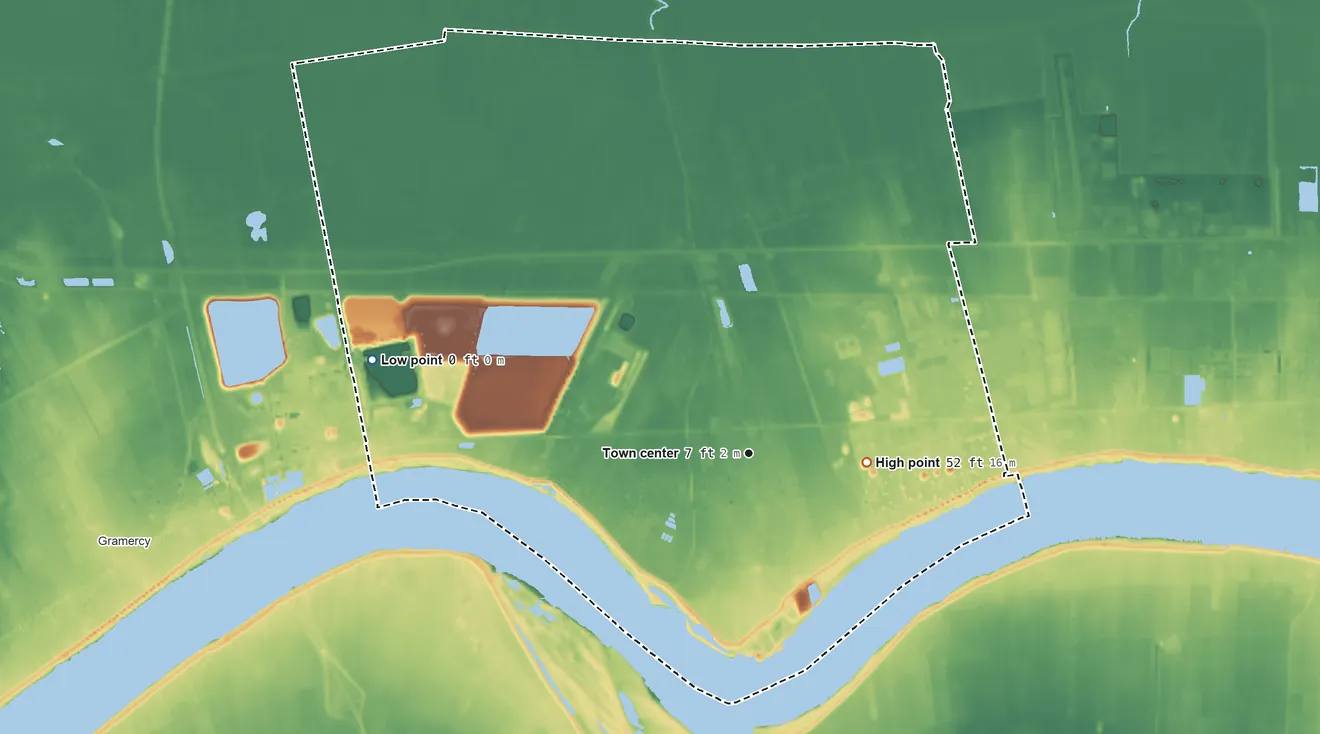 Topographic elevation map of Garyville, Louisiana, shaded from 0 ft on the west side to 52 ft on the east side