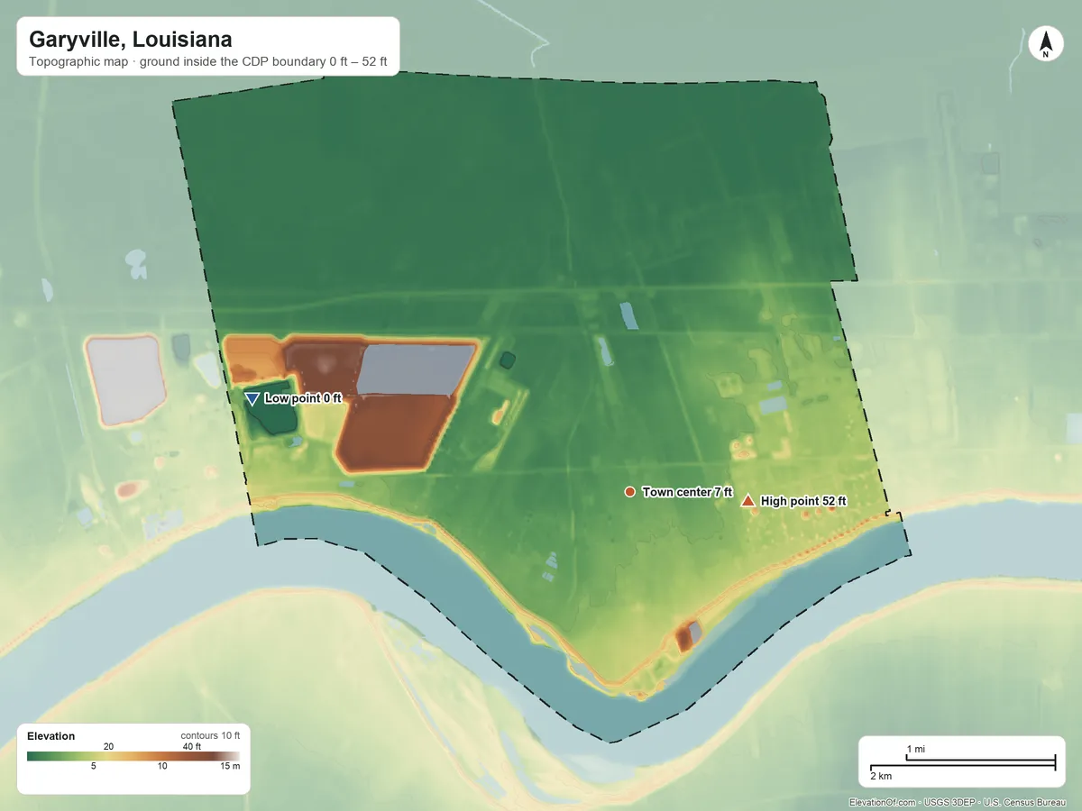 Topographic elevation map of Garyville, Louisiana, shaded from 0 ft on the west side to 52 ft on the east side