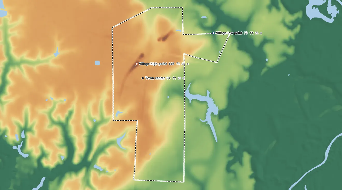 Topographic elevation map of Georgetown, Louisiana, shaded from 70 ft on the northeast side to 110 ft near the middle