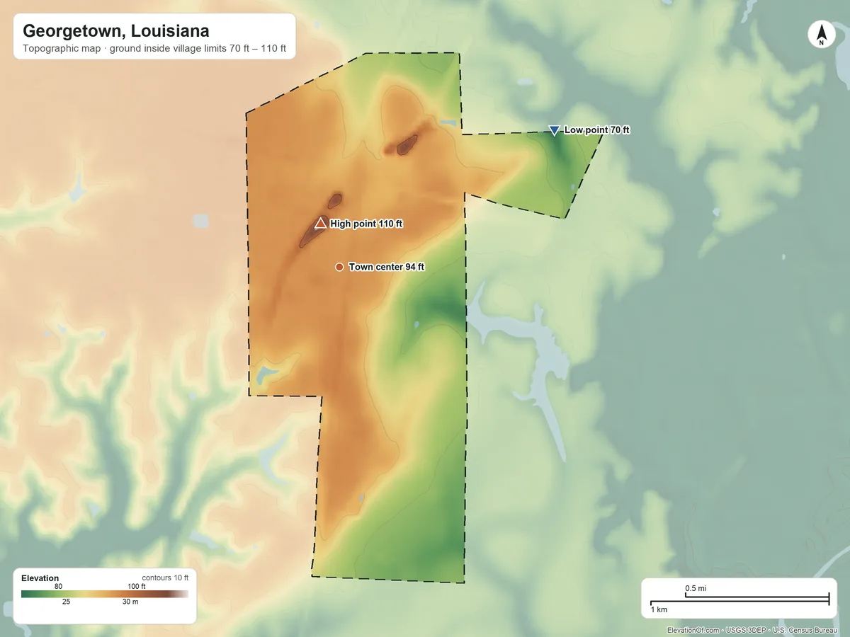 Topographic elevation map of Georgetown, Louisiana, shaded from 70 ft on the northeast side to 110 ft near the middle