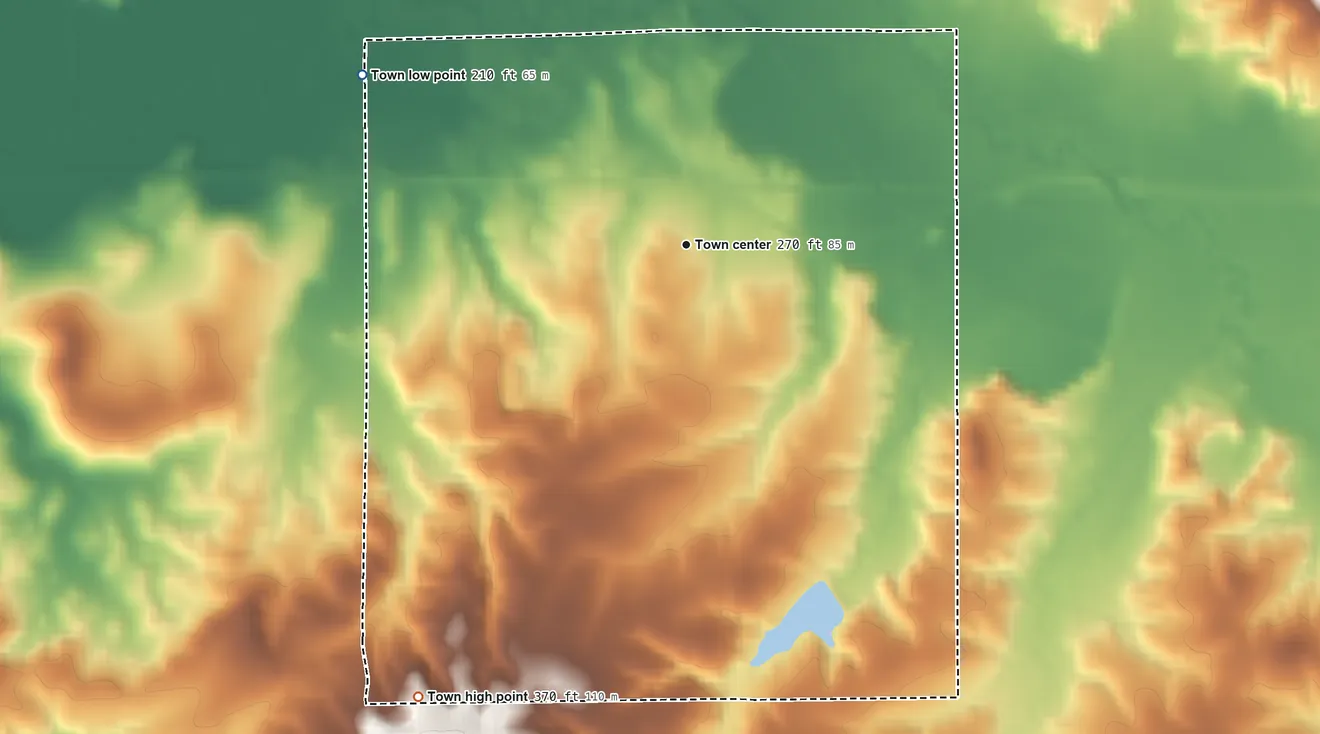 Topographic elevation map of Gibsland, Louisiana, shaded from 210 ft on the northwest side to 370 ft on the southwest side