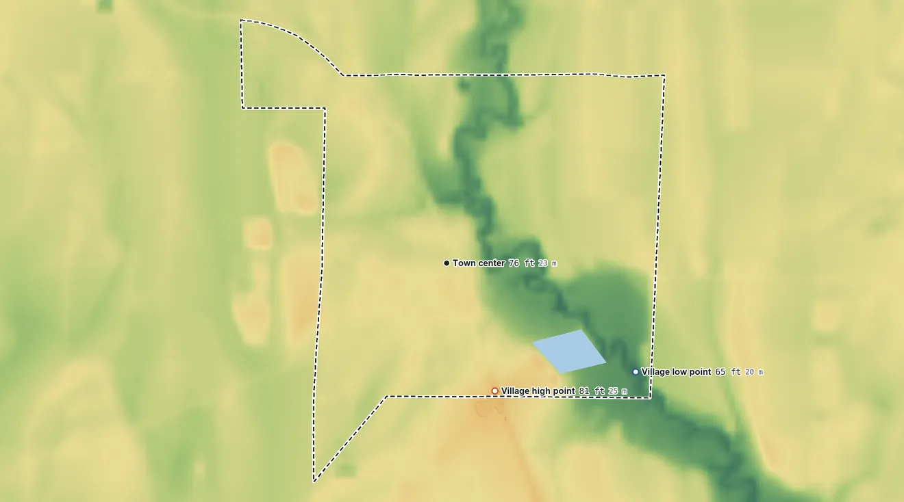 Topographic elevation map of Gilbert, Louisiana, shaded from 65 ft on the southeast side to 81 ft on the south side