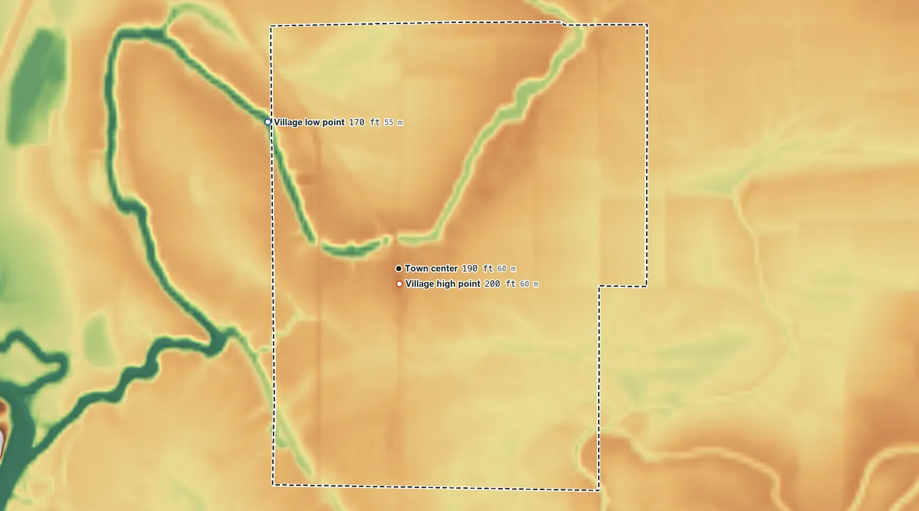 Topographic elevation map of Gilliam, Louisiana, shaded from 170 ft on the northwest side to 200 ft near the middle