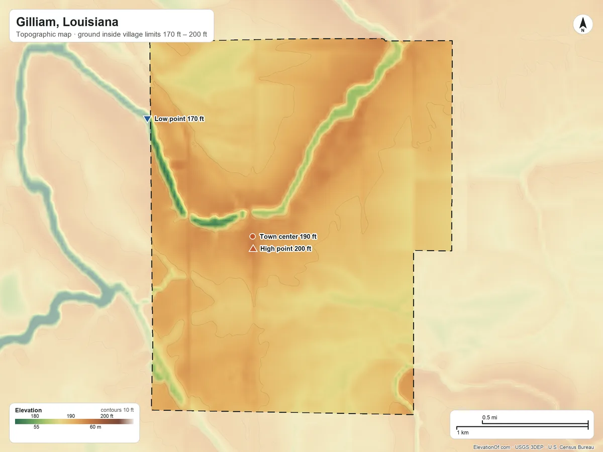 Topographic elevation map of Gilliam, Louisiana, shaded from 170 ft on the northwest side to 200 ft near the middle