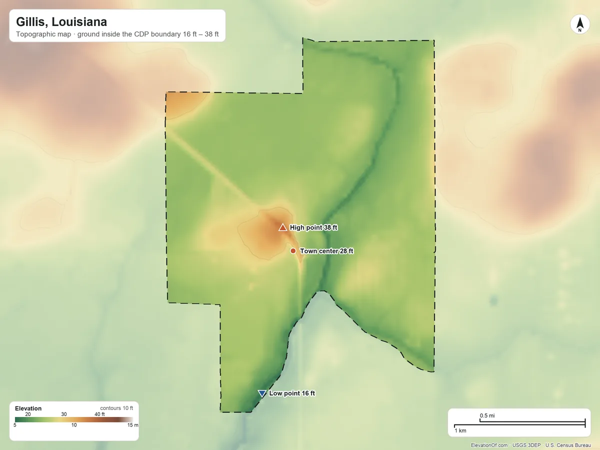 Topographic elevation map of Gillis, Louisiana, shaded from 16 ft on the south side to 38 ft near the middle