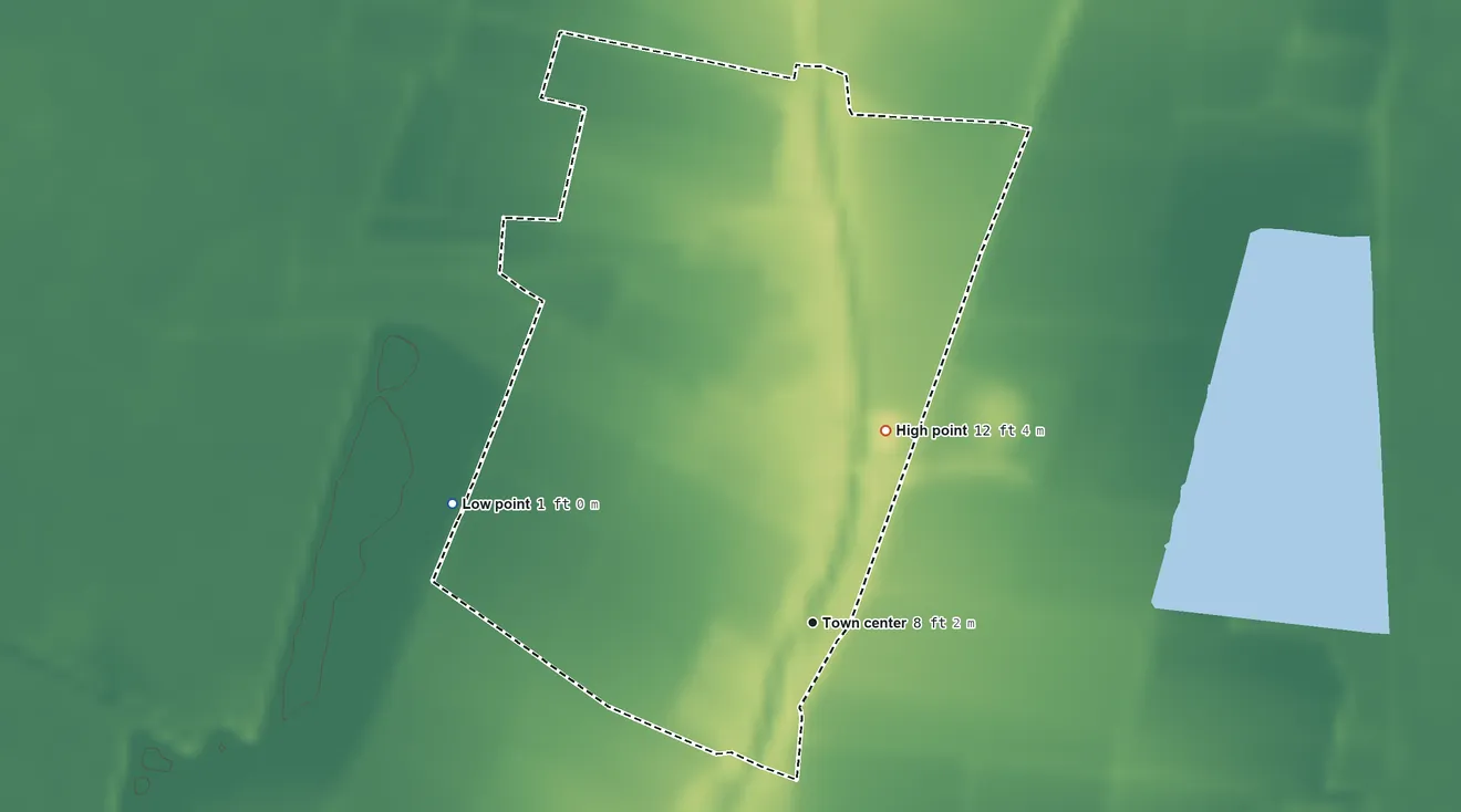 Topographic elevation map of Glencoe, Louisiana, shaded from 1 ft on the west side to 12 ft on the north side