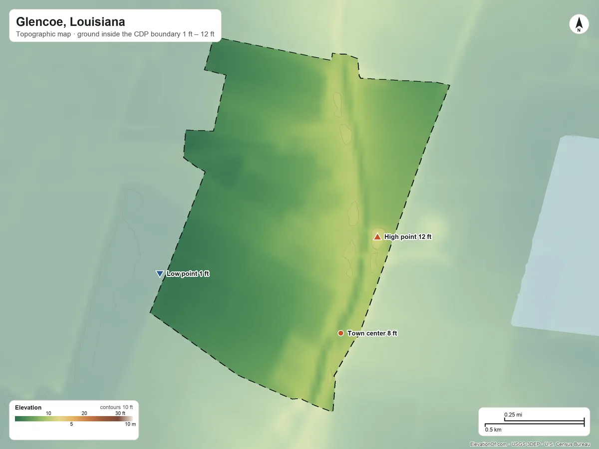 Topographic elevation map of Glencoe, Louisiana, shaded from 1 ft on the west side to 12 ft on the north side