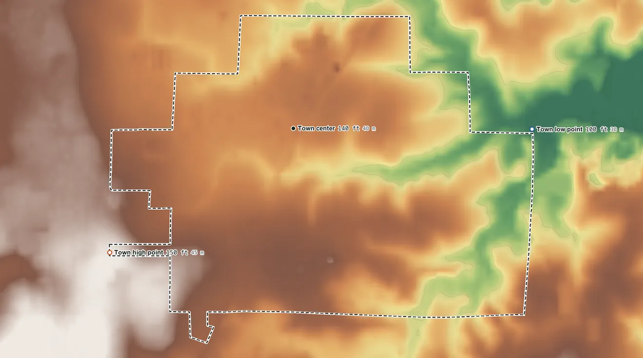 Topographic elevation map of Glenmora, Louisiana, shaded from 100 ft on the east side to 150 ft on the southwest side