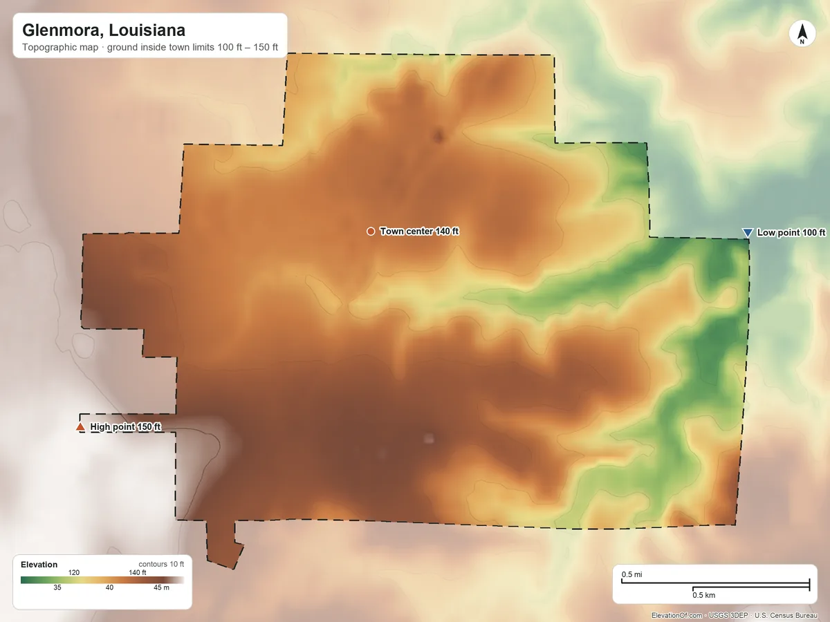 Topographic elevation map of Glenmora, Louisiana, shaded from 100 ft on the east side to 150 ft on the southwest side