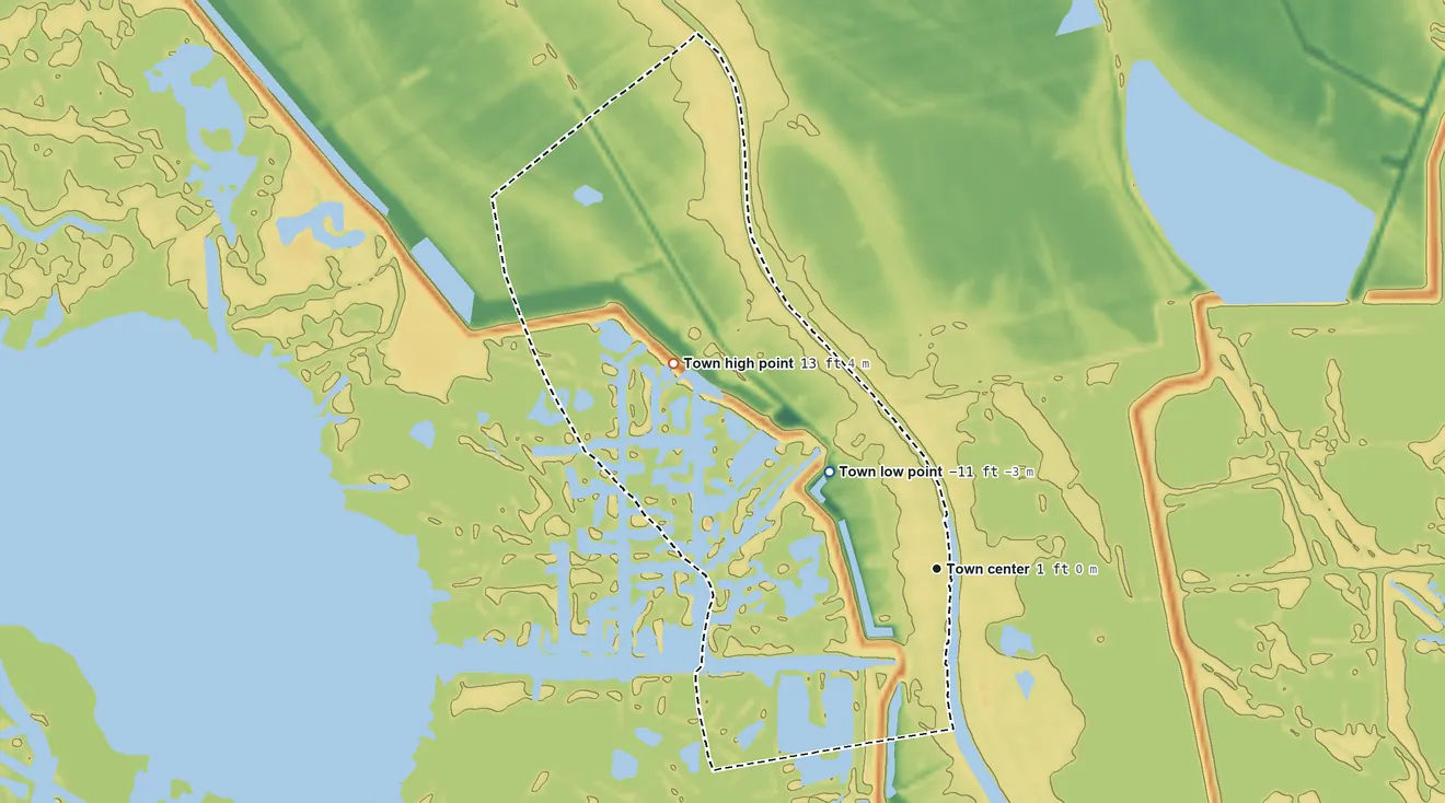 Topographic elevation map of Golden Meadow, Louisiana, shaded from −11 ft on the northwest side to 13 ft on the northwest side