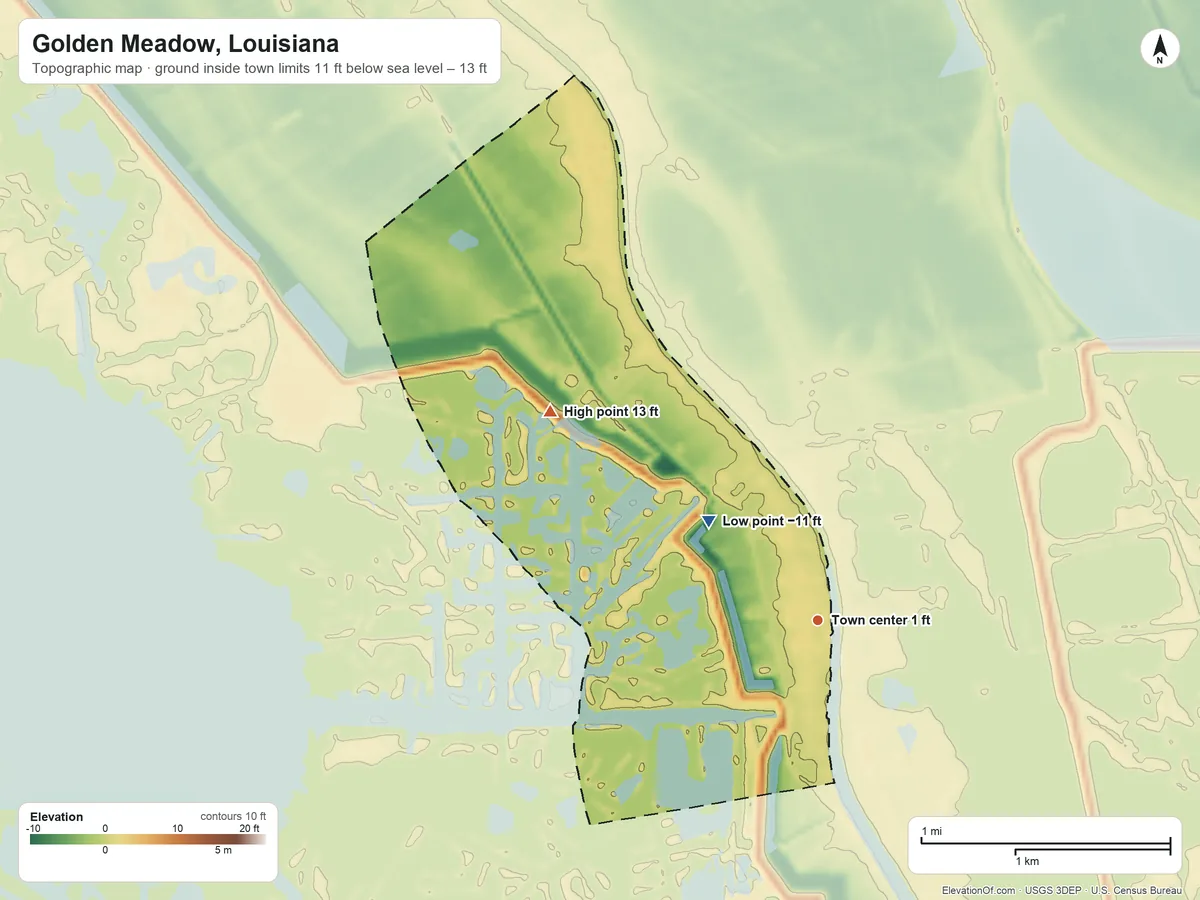 Topographic elevation map of Golden Meadow, Louisiana, shaded from −11 ft on the northwest side to 13 ft on the northwest side