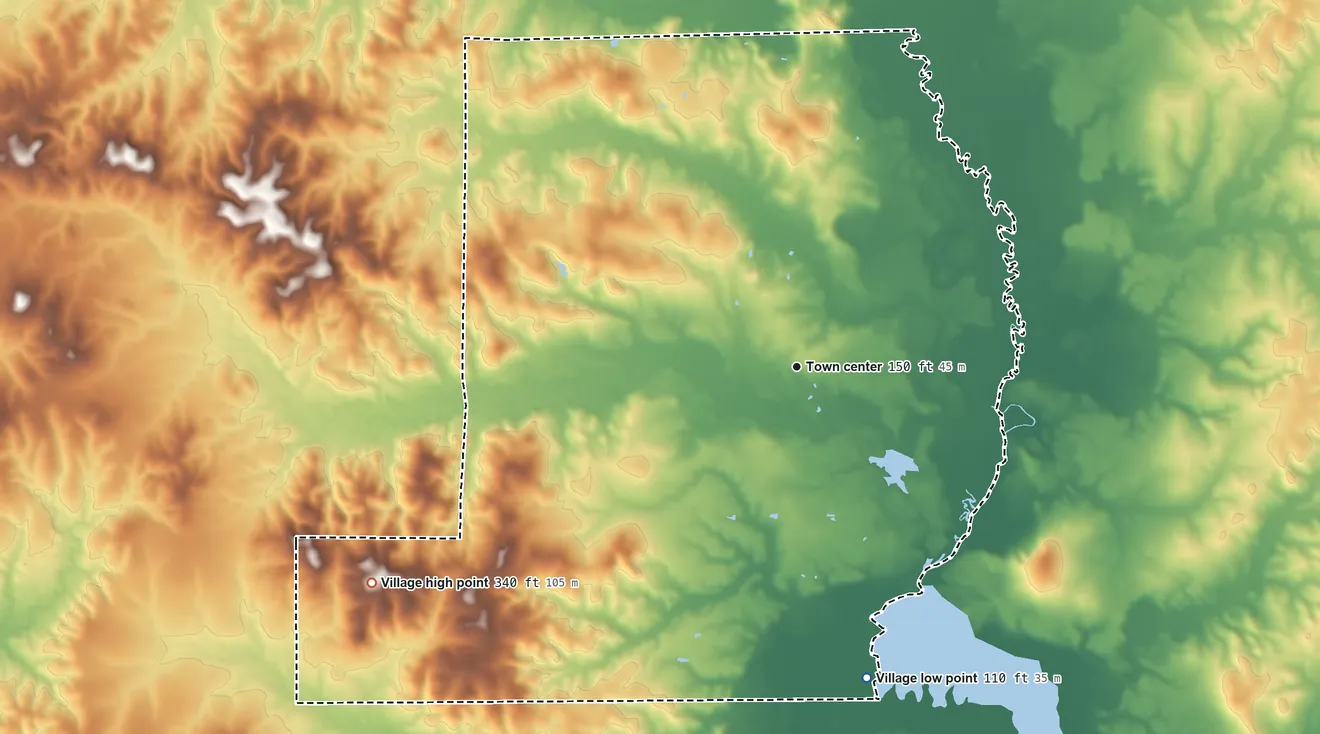 Topographic elevation map of Goldonna, Louisiana, shaded from 110 ft on the south side to 340 ft on the southwest side