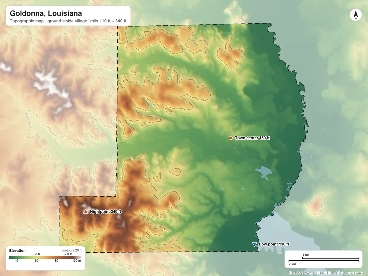 Topographic elevation map of Goldonna, Louisiana, shaded from 110 ft on the south side to 340 ft on the southwest side