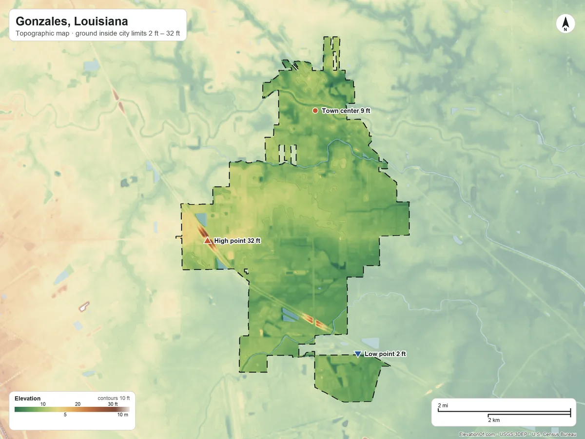 Topographic elevation map of Gonzales, Louisiana, shaded from 2 ft on the south side to 32 ft on the southwest side
