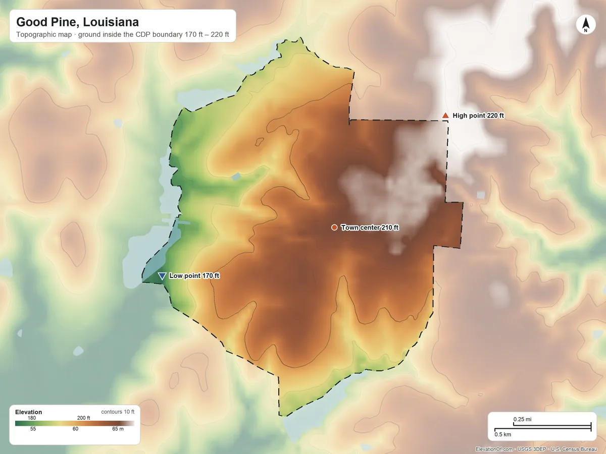 Topographic elevation map of Good Pine, Louisiana, shaded from 170 ft on the west side to 220 ft on the northeast side