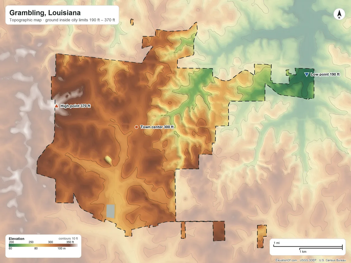 Topographic elevation map of Grambling, Louisiana, shaded from 190 ft on the east side to 370 ft on the west side