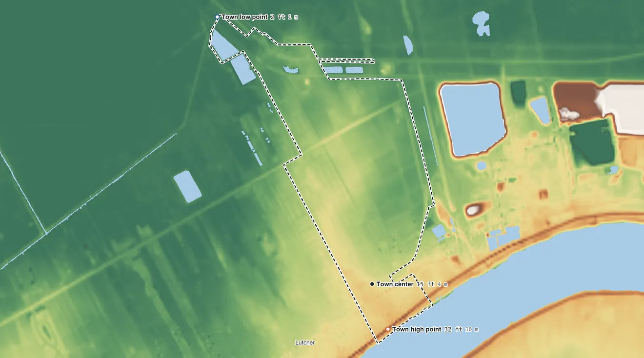 Topographic elevation map of Gramercy, Louisiana, shaded from 2 ft on the northwest side to 32 ft on the south side