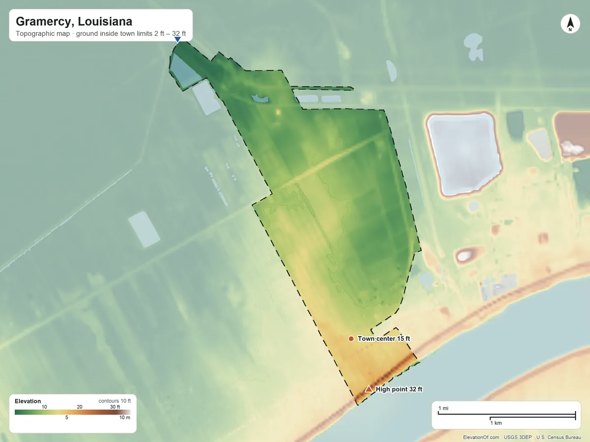 Topographic elevation map of Gramercy, Louisiana, shaded from 2 ft on the northwest side to 32 ft on the south side