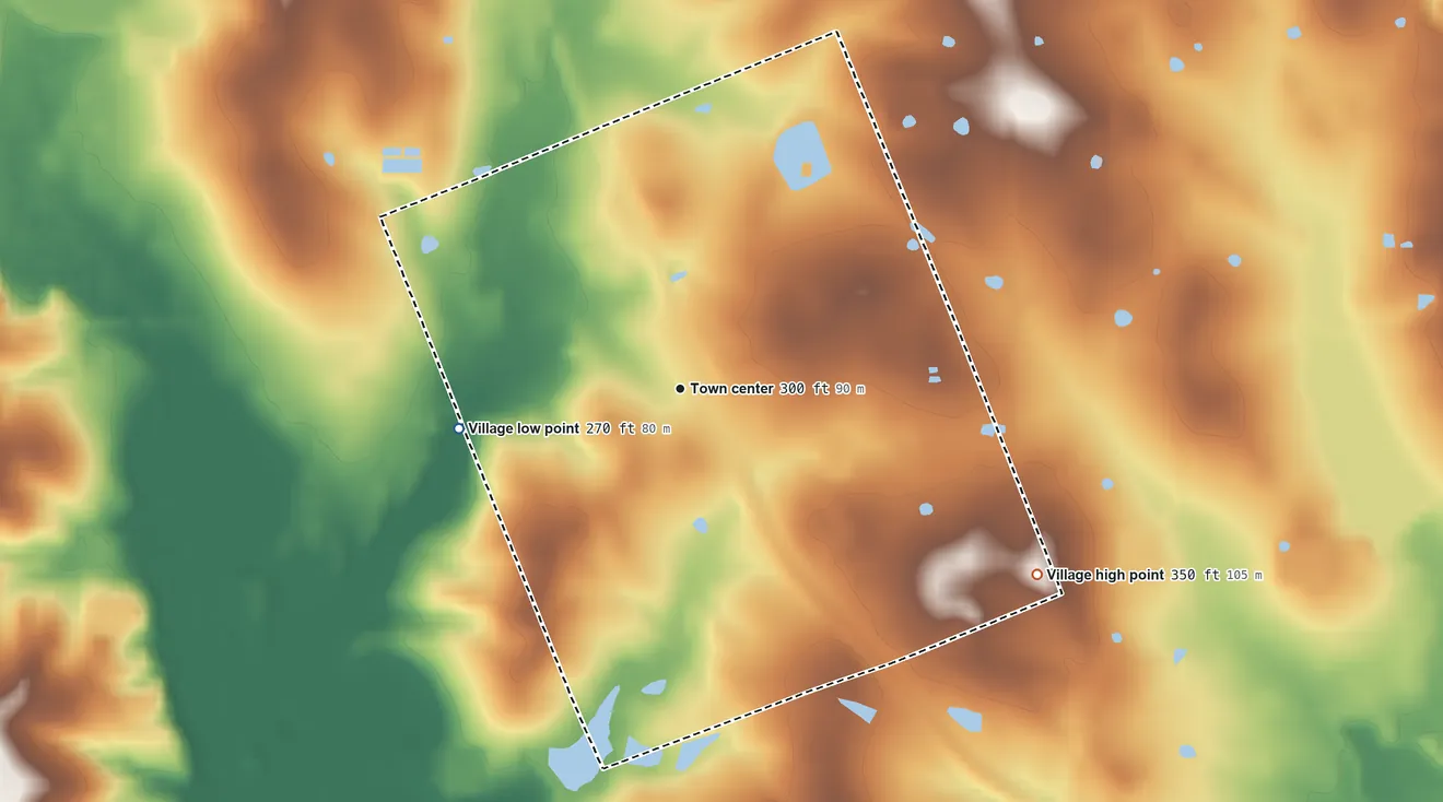 Topographic elevation map of Grand Cane, Louisiana, shaded from 270 ft on the west side to 350 ft on the southeast side