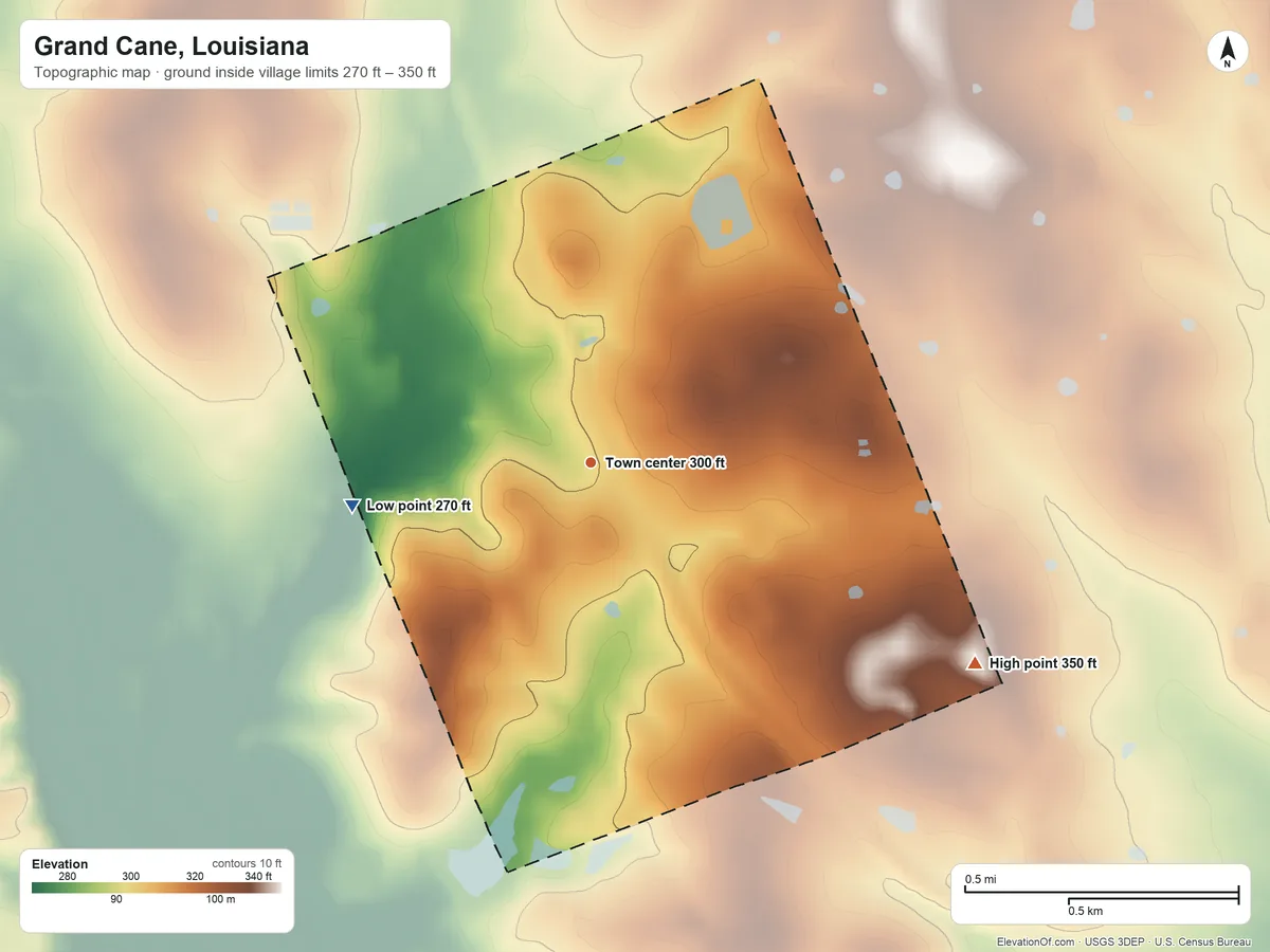 Topographic elevation map of Grand Cane, Louisiana, shaded from 270 ft on the west side to 350 ft on the southeast side