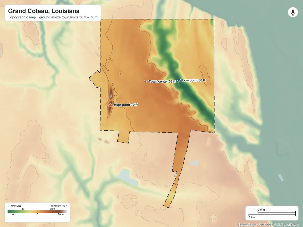 Topographic elevation map of Grand Coteau, Louisiana, shaded from 30 ft on the east side to 70 ft on the southwest side