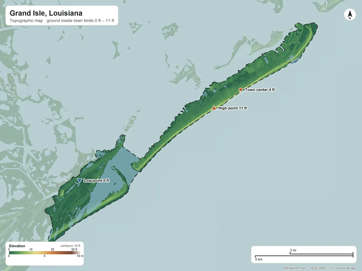 Topographic elevation map of Grand Isle, Louisiana, shaded from 0 ft on the southwest side to 11 ft near the middle