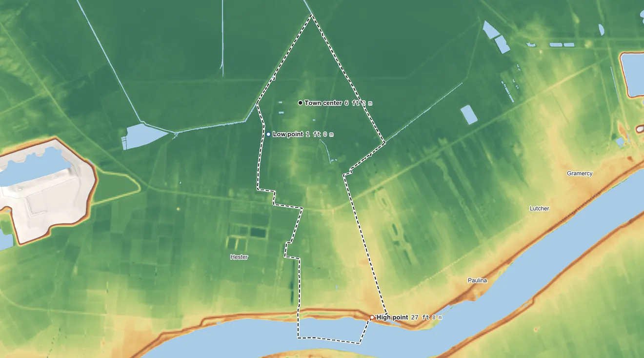 Topographic elevation map of Grand Point, Louisiana, shaded from 1 ft on the southwest side to 27 ft on the south side