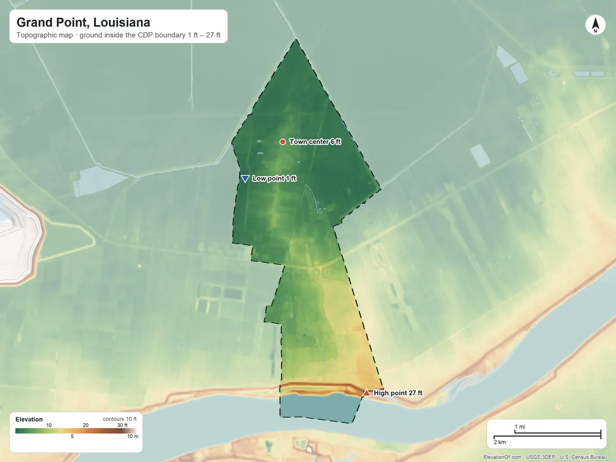 Topographic elevation map of Grand Point, Louisiana, shaded from 1 ft on the southwest side to 27 ft on the south side