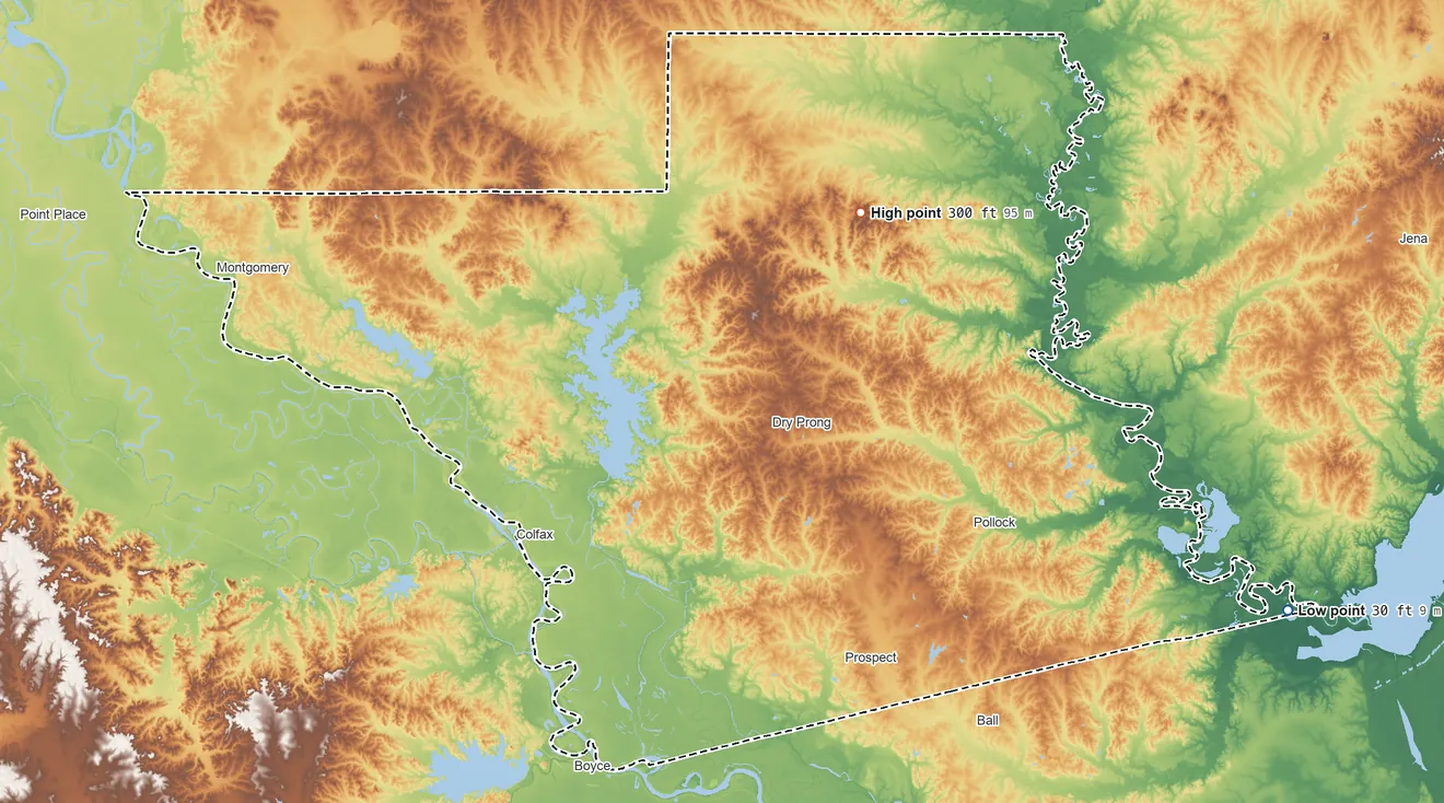 Topographic elevation map of Grant Parish, Louisiana, shaded from 30 ft on the east side to 300 ft on the northeast side