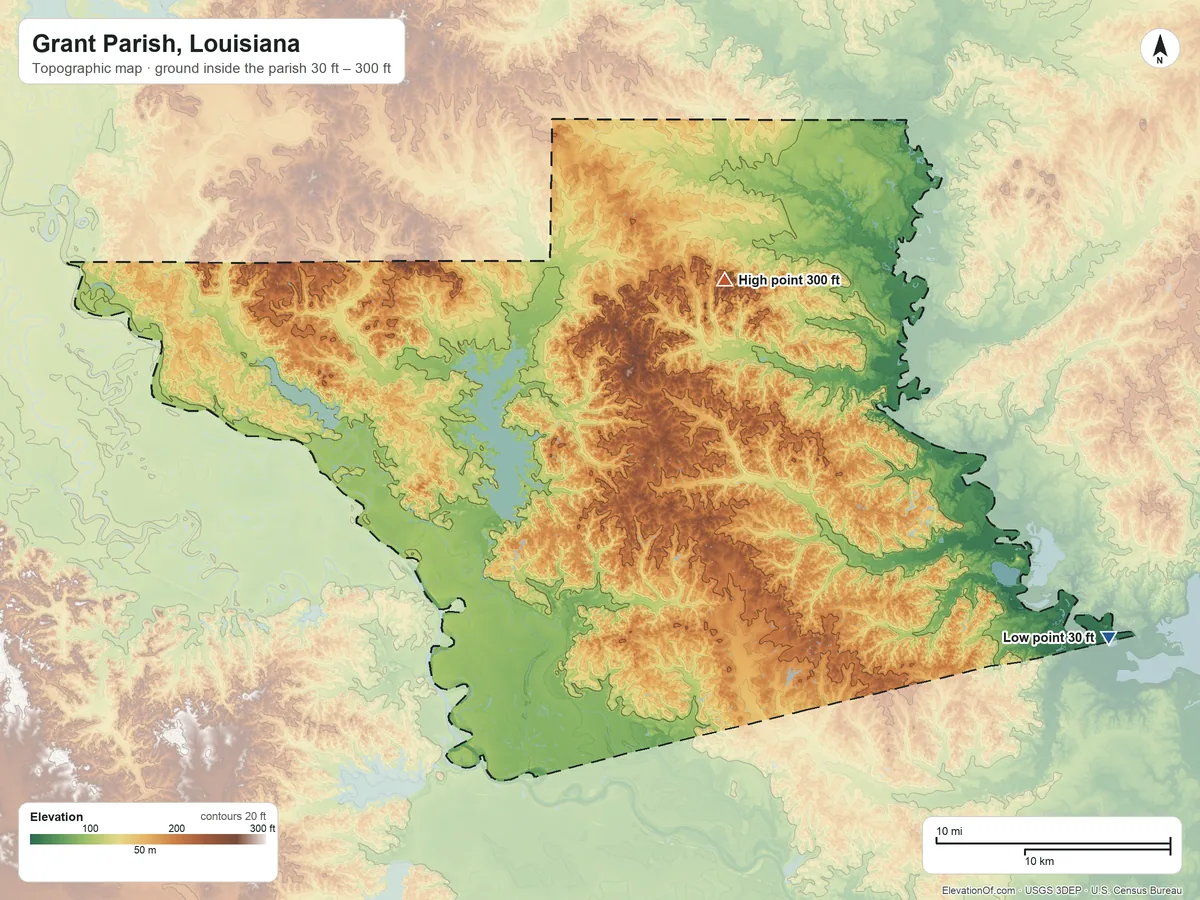 Topographic elevation map of Grant Parish, Louisiana, shaded from 30 ft on the east side to 300 ft on the northeast side