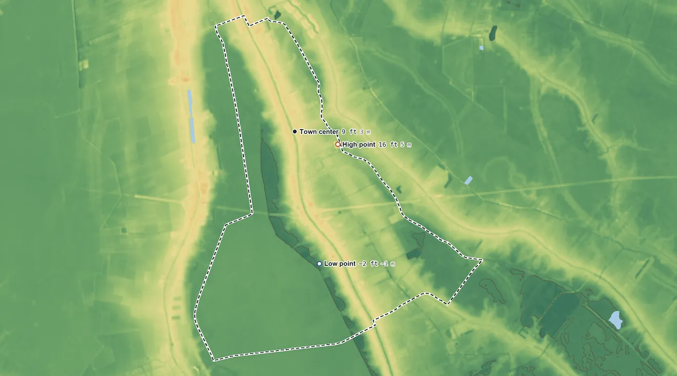 Topographic elevation map of Gray, Louisiana, shaded from −2 ft on the south side to 16 ft near the middle