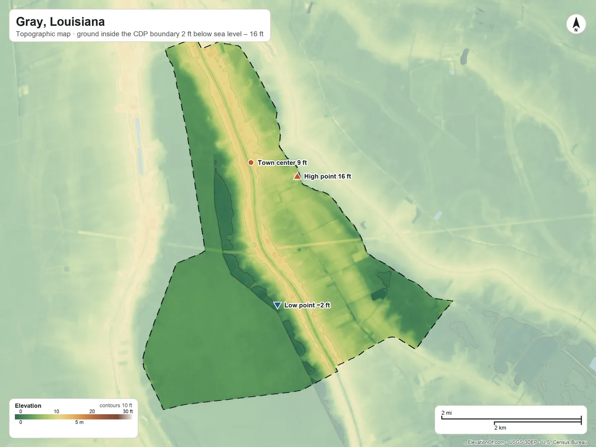 Topographic elevation map of Gray, Louisiana, shaded from −2 ft on the south side to 16 ft near the middle