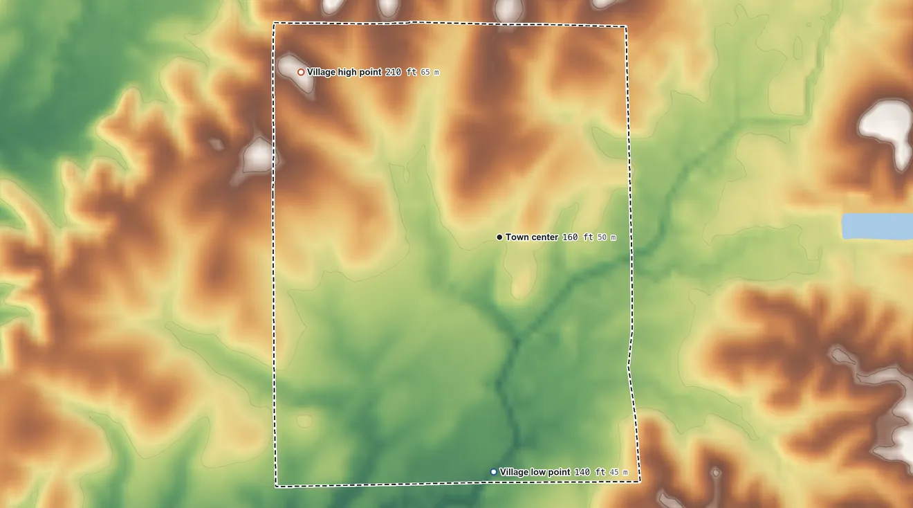 Topographic elevation map of Grayson, Louisiana, shaded from 140 ft on the south side to 210 ft on the northwest side