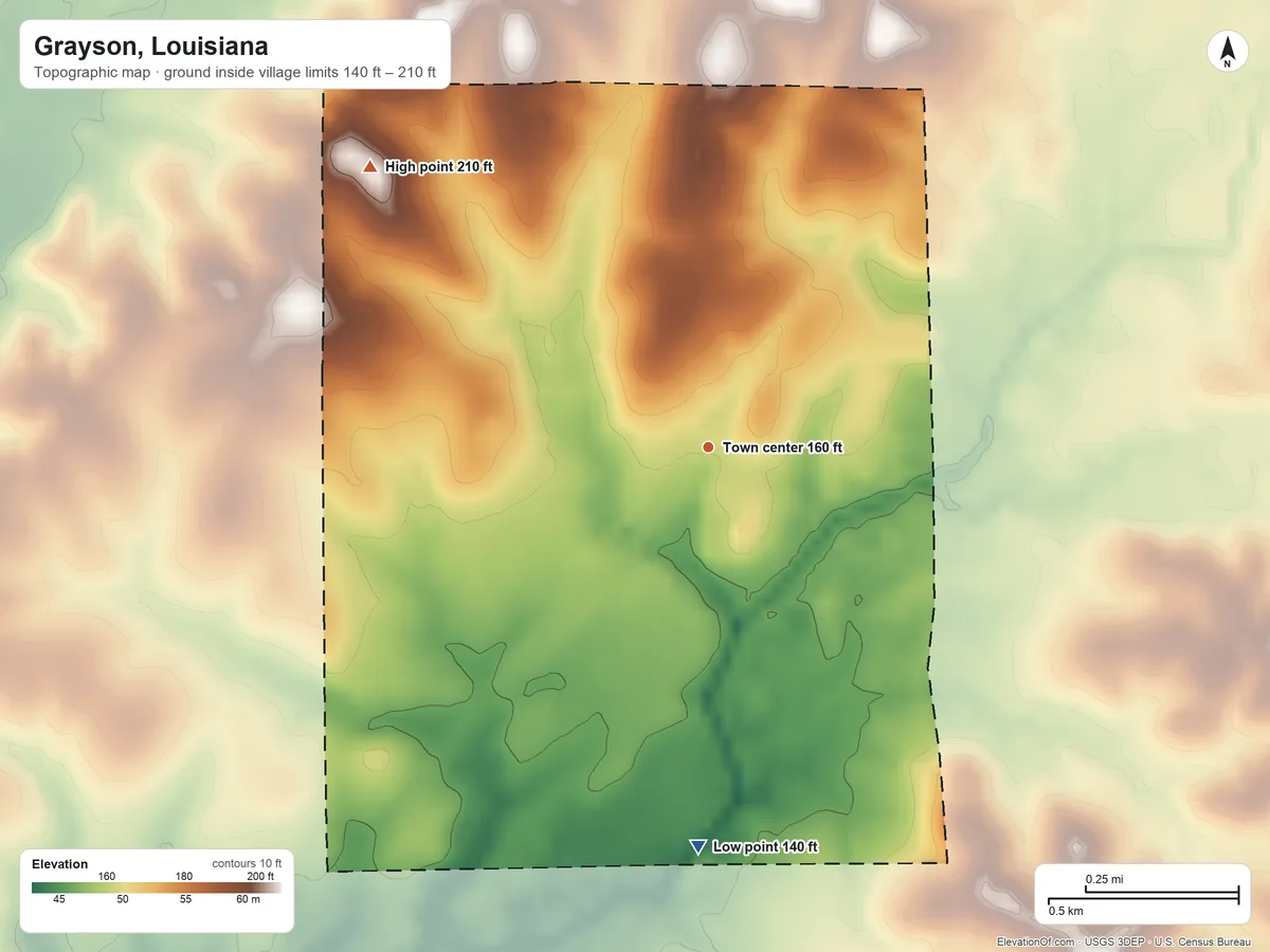 Topographic elevation map of Grayson, Louisiana, shaded from 140 ft on the south side to 210 ft on the northwest side