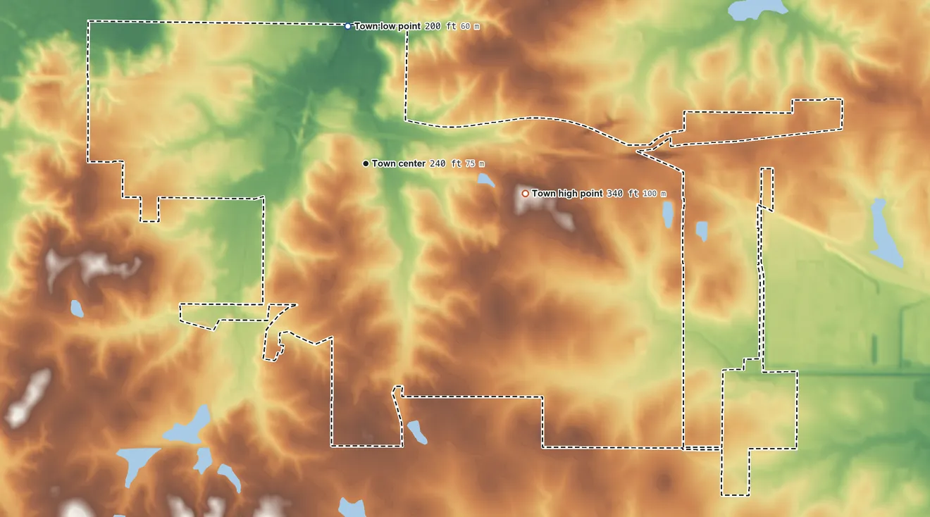 Topographic elevation map of Greenwood, Louisiana, shaded from 200 ft on the north side to 340 ft on the east side