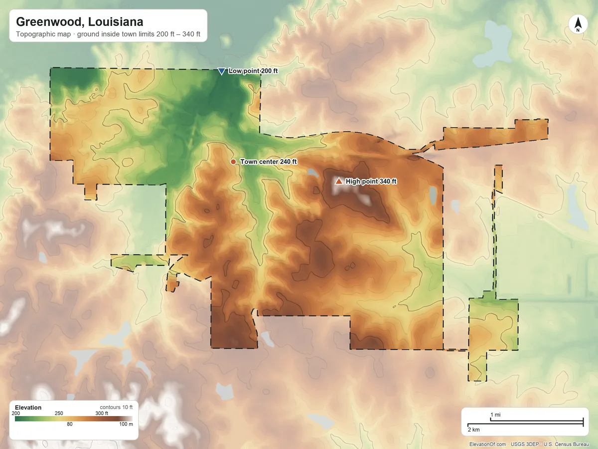 Topographic elevation map of Greenwood, Louisiana, shaded from 200 ft on the north side to 340 ft on the east side