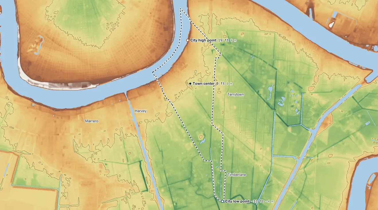 Topographic elevation map of Gretna, Louisiana, shaded from −13 ft on the south side to 19 ft on the north side