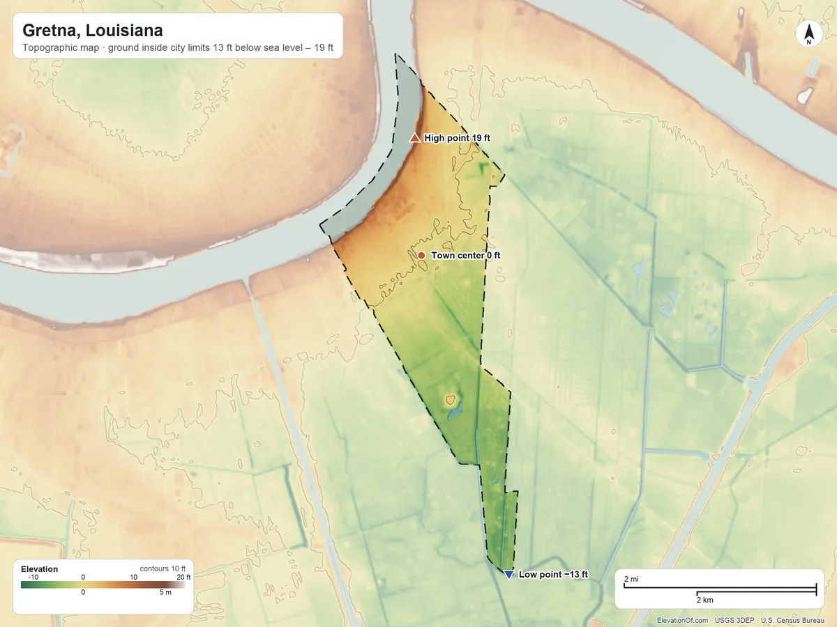Topographic elevation map of Gretna, Louisiana, shaded from −13 ft on the south side to 19 ft on the north side